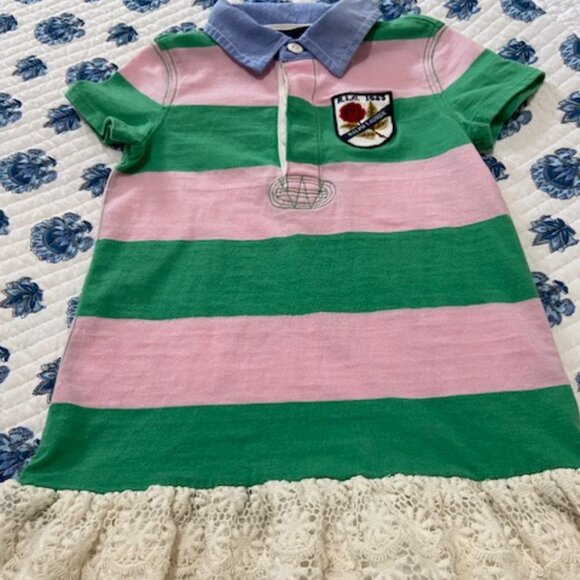 Ralph Lauren Toddler Girl Green and Pink Striped  w/ Lace Bottom Dress Size 3/3T - Picture 2 of 8